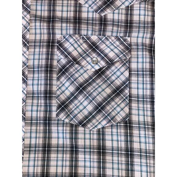 Mens Wrangler Western Shirts Black Blue Plaid Short Sleeve Snap Button Shirt XL - Picture 2 of 7